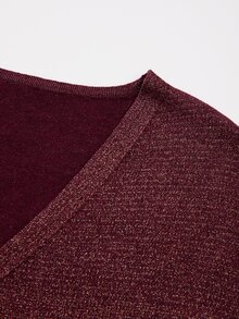 SHEIN Women Glitter Wrap V‑Neck Knit Sweater, Long Sleeve Drop Shoulder Cropped Knitted Pullover For Party - Burgundy - View 7