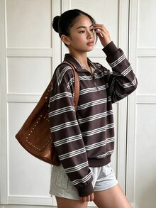 SHEIN Sparklyn 女童半拉鍊條紋運動衫，落肩領口套頭上衣，美式復古休閒上衣，適合外出穿著 - 棕色 - 查看 4
