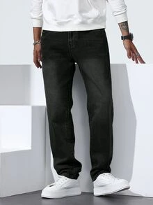 Manfinity Homme Men's Plus Size Washed Black Denim Straight Leg Jeans - Black - View 5