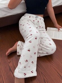 Napfluff Women's Flannel Pajama Pants With Waistband Bow Decor, Cherry & Bow Print - Multicolor - View 5