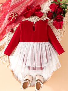 SHEIN Playful Pals Baby Girl Ruffle Big Bow Patchwork Double Layer White Mesh Bodysuit With Velvet Headband Set - Red and White - View 2