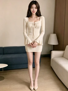Tideelle Gaun Mini Minimalis Warna Polos dengan Lengan Berkerut dan Tali Serut untuk Wanita - Aprikot - View 6