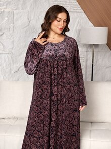 Lacomfia Casual Minimalist Velvet Full Print Round Neck Long Sleeve Loose Regular Fit Spring Autumn Plus Size Dress - Multicolor - View 3