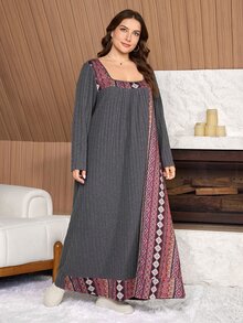 Seusyu Print Random Floral Pattern Knitted Ribbed Patchwork Design Casual Daily Minimalist Loose Long Sleeve Comfortable Plus Size Dress - Dark Grey - View 3