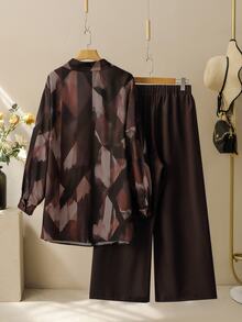 Lacomfia Women's Minimalist Casual Geometric Pattern Fashion Loose Plus Size Shirt With Versatile Wide Leg Pants - Coffee Brown - View 2