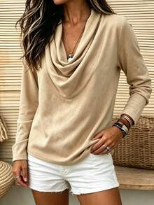 Holdful Holdful Solid Draped Collar Blouse - Khaki - View 5