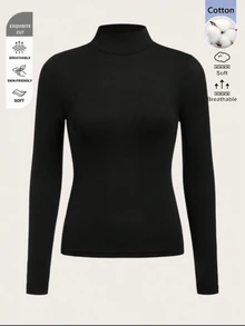 SHEIN BASICS 女款純色高領極簡時尚百搭長袖T恤 - 黑色 - 查看 5