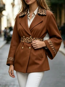 Balvessa Women's Elegant Versatile Loose Brown Leopard Print Patchwork Tie-Front Jacket, Autumn/Winter New Style - Brown - View 5