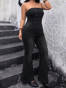 Jeanoix Plus Size Women Y2K Napoleon Style Double-Breasted Double Pocket Fashion Tube Top Denim Jumpsuit With Flared Legs - Grey - View 4
