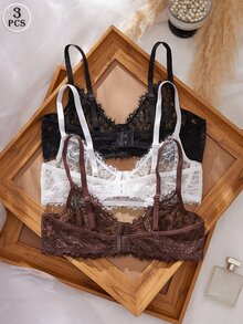 SHEIN 3 Pcs Goth Women's Fashion Floral Lace Underwire Triangle Cup Bra - Multicolor - View 3
