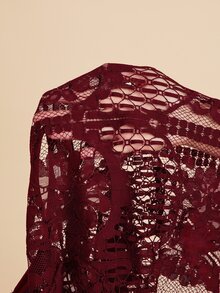 Amorya 女款優雅蕾絲短袖寬鬆黑色上衣，適合婚禮季、約會、春夏季 - 酒紅色 - 查看 6