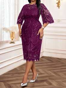 SHEIN Lady فستان أسود أنيق من الدانتيل للحفلات، مقاس كبير، مناسب للربيع والصيف والخريف والشتاء، فستان أسود صغير - أحمر بنفسجي - مشاهدة 3