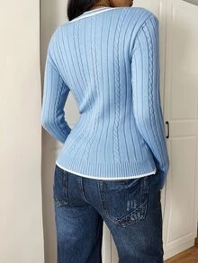 CovetEZ 女款V領套頭毛衣，適合約會、度假、派對、日常外出、聚會、戶外活動 - 藍色 - 查看 2