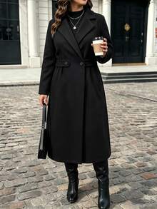 SHEIN LUNE CURVE Plus Lapel Neck Flap Detail Overcoat Winter - Black - View 5