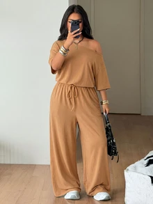 Coolane 女款大尺碼夏秋度假休閒露肩寬腿駱駝色工裝連身褲，萬聖節穿搭 - 駝色 - 查看 5