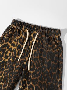 Young Girl Leopard Print Drawstring Waist Wide Leg Jeans - Brown - View 5