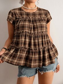 Freevana Women's Plus-Size Short-Sleeve Brown Plaid Shirt, Loose-Fitting Top With Ruffles; Elegant For Casual Outings, Boho, Suitable For Autumn And Winter - Multicolor - View 5