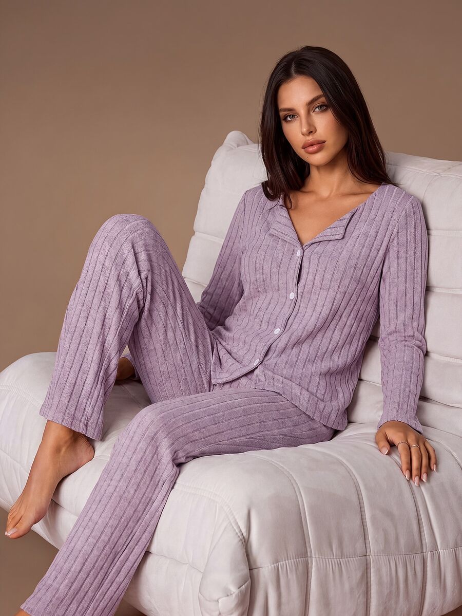 Lazeform Women's Knit Ribbed Brushed Fabric Minimalist Casual Fashion Open Front Long Sleeve Long Pants Spring Autumn Winter Wearable Pajama Set - Mauve Purple - View 1