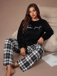 Lazeform Plus Size Casual Letter Embroidered Comfortable Plush Plaid Pajama Set 2 Pieces - Black - View 1