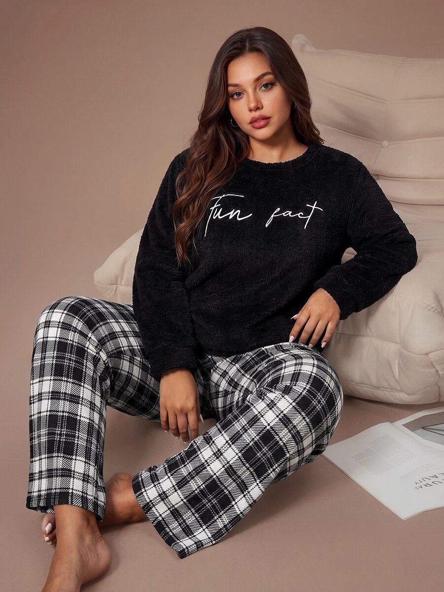 Lazeform Plus Size Casual Letter Embroidered Comfortable Plush Plaid Pajama Set 2 Pieces - Black - View 1