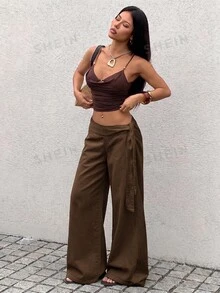 SHEIN Tall 高挑時尚白色繫帶水洗牛仔寬腿褲 - 咖啡棕 - 查看 6