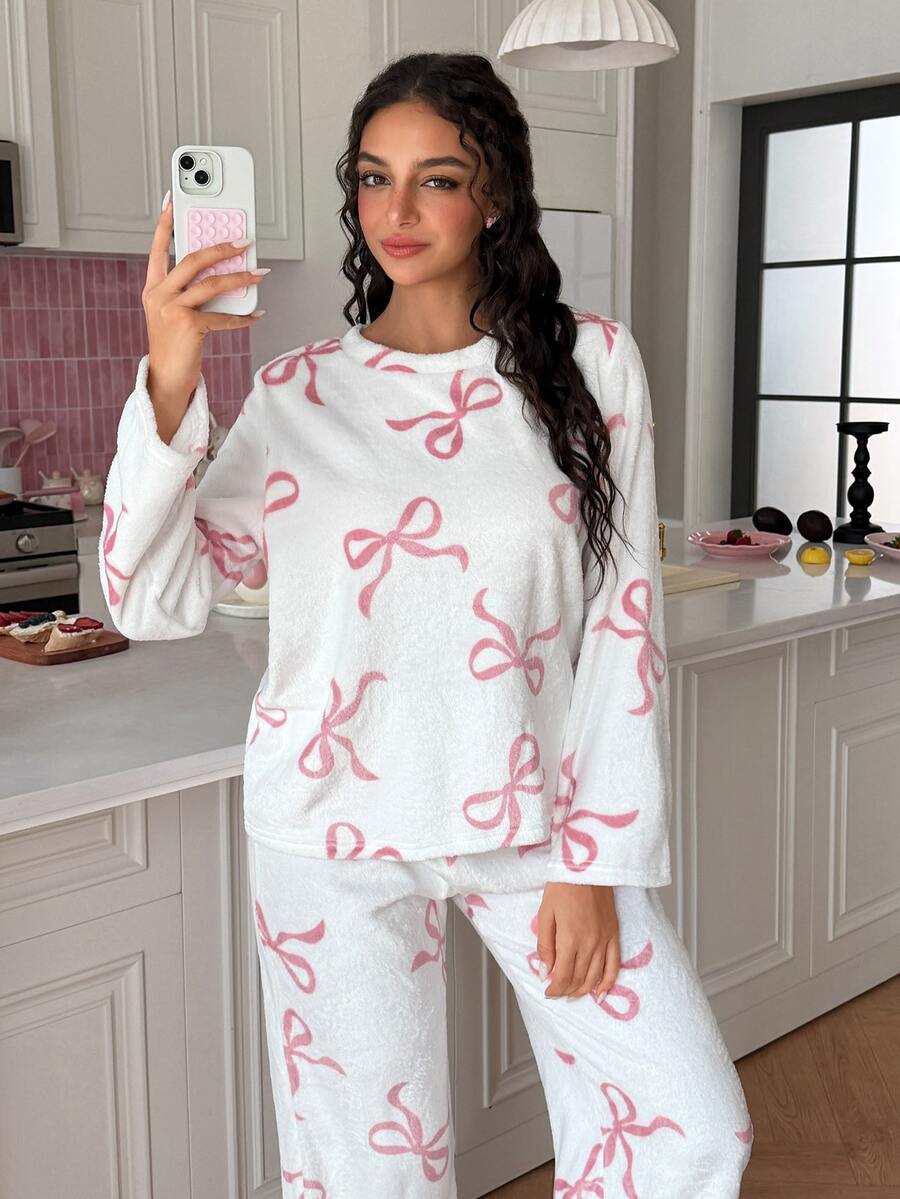 SweetSlumber Women's Ins Sweet Bow Flannel Long Sleeve Round Neck Pants Pajama Set - White - View 1