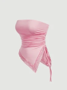 SHEIN MOD 2pcs Women's Bandeau Drawstring Asymmetrical Hem Pleated Split Top - Pink - View 5
