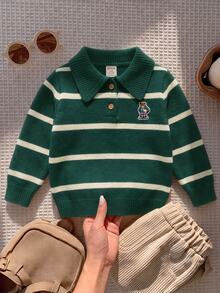 SHEIN Sweater Bayi Laki-laki Gaya Preppy Musim Gugur/Dingin, Lucu, Serbaguna, Motif Kartun Bergaris, Sweater Berkerah, Sweater Lucu, Sweater Bayi, Sweater Bergaris - MultiWarna - View 4
