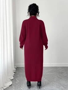 SHEIN Tall CURVE 大尺碼女款秋冬休閒優雅寬鬆高領拉鍊袖針織長洋裝 正式辦公波爾多紅 - 酒紅色 - 查看 2