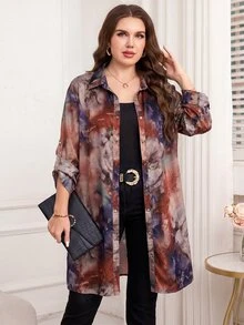 SHEIN Clasi 女款大尺碼優雅時尚全印花長版襯衫 - 彩色 - 查看 6