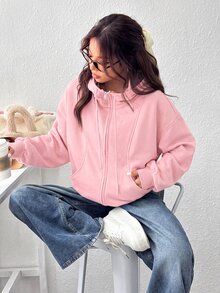 SHEIN EZwear 女款前拉鍊長袖口袋連帽衫 - 粉色 - 查看 3