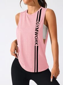 SHEIN Sports 女款圓領字母印花時尚運動無袖T恤 - 粉色 - 查看 7