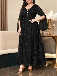 Reflora Plus Size Women's V-Neck Lace Patchwork Fashion Elegant Dress Fall - Black - View 6