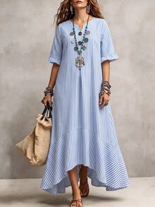 EMERY ROSE Casual Loose Notched V-Neck Short Sleeve Ruffle Hem Dress, Suitable For Vacation, Travel And Outings - Blue - View 3