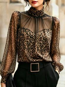 SHEIN Spring High Neck Leopard Print Loose Fit Commuter Fashion Versatile Business Office Blouse For Women - Black - View 1