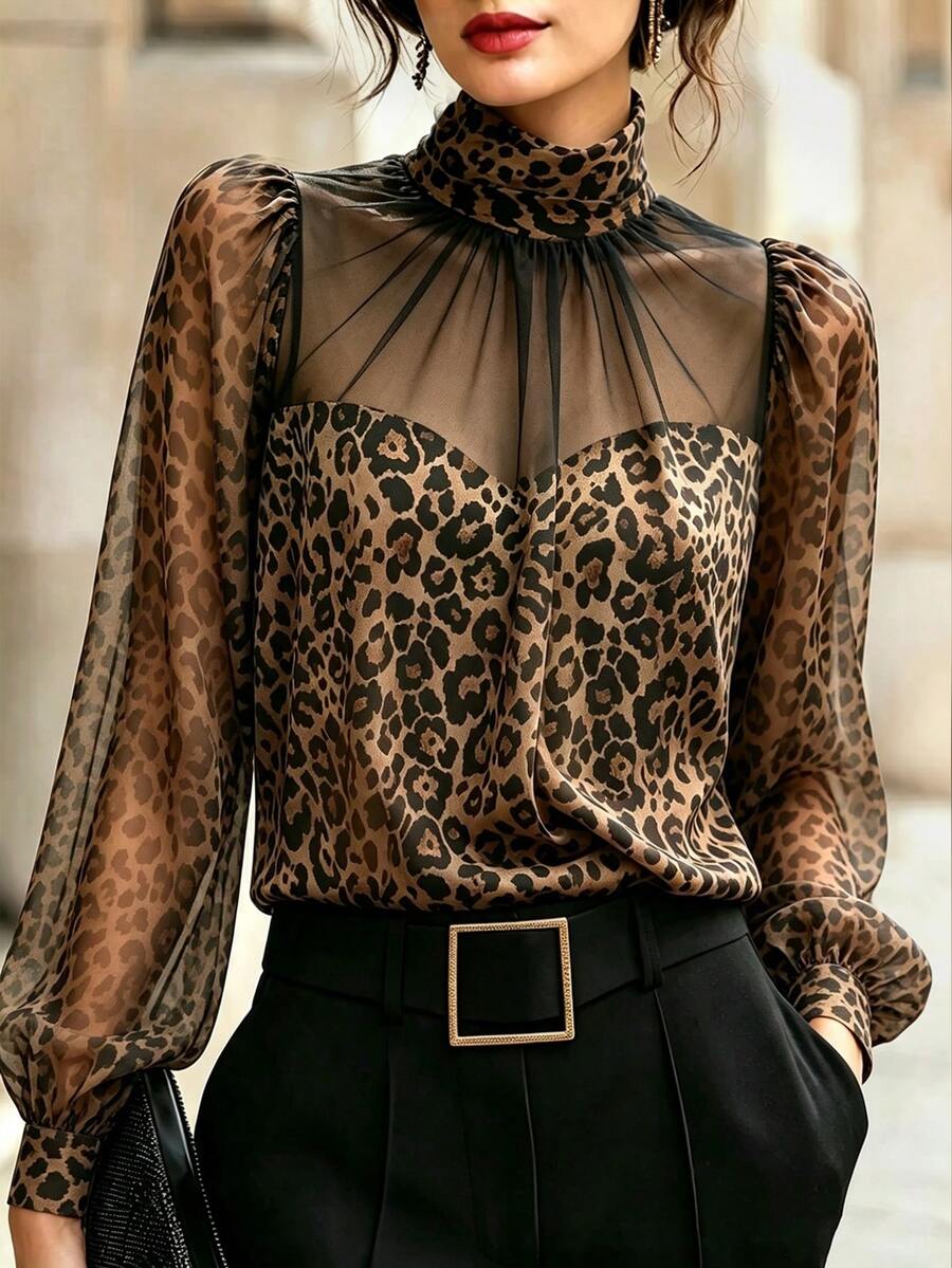 SHEIN Spring High Neck Leopard Print Loose Fit Commuter Fashion Versatile Business Office Blouse For Women - Black - View 1