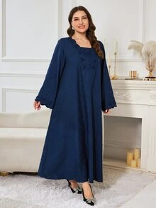 Al Najma Embossed Woven Long Sleeve Maxi Navy Blue Loose Fit Casual Versatile Minimalist Style Plus Size Women's Arabian Dress - Navy Blue - View 6
