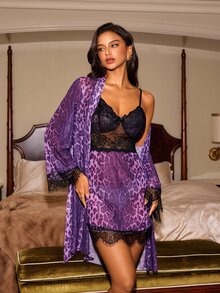 Slumberist 2pcs Women's Leopard Print Lace Patchwork Long Sleeve Robe + Sexy Waist-Exposing Cami Nightgown Sleepwear Set - Purple - View 1