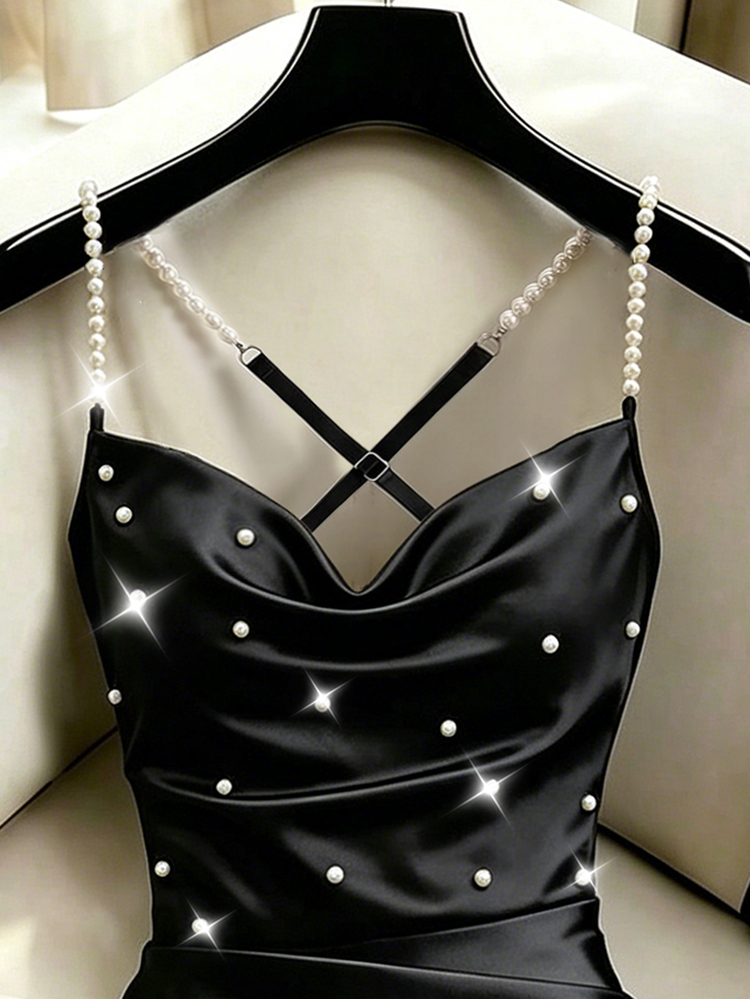 Franclia Women's Faux Pearl Decor Pleated French Vintage Elegant Style Spaghetti Strap Dress - Black - View 4