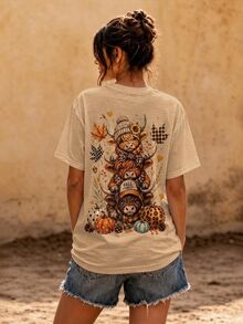 SHEIN LUNE 女款萬聖節高地牛南瓜雙面印花T恤，秋季鄉村旅行穿搭 - 杏色 - 查看 2