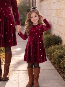 Young Girl Autumn Winter Elegant Burgundy Velvet Butterfly Print Pearl Button Flare Dress,Christmas Party Dress,Robe Automne Hiver - Burgundy - View 1