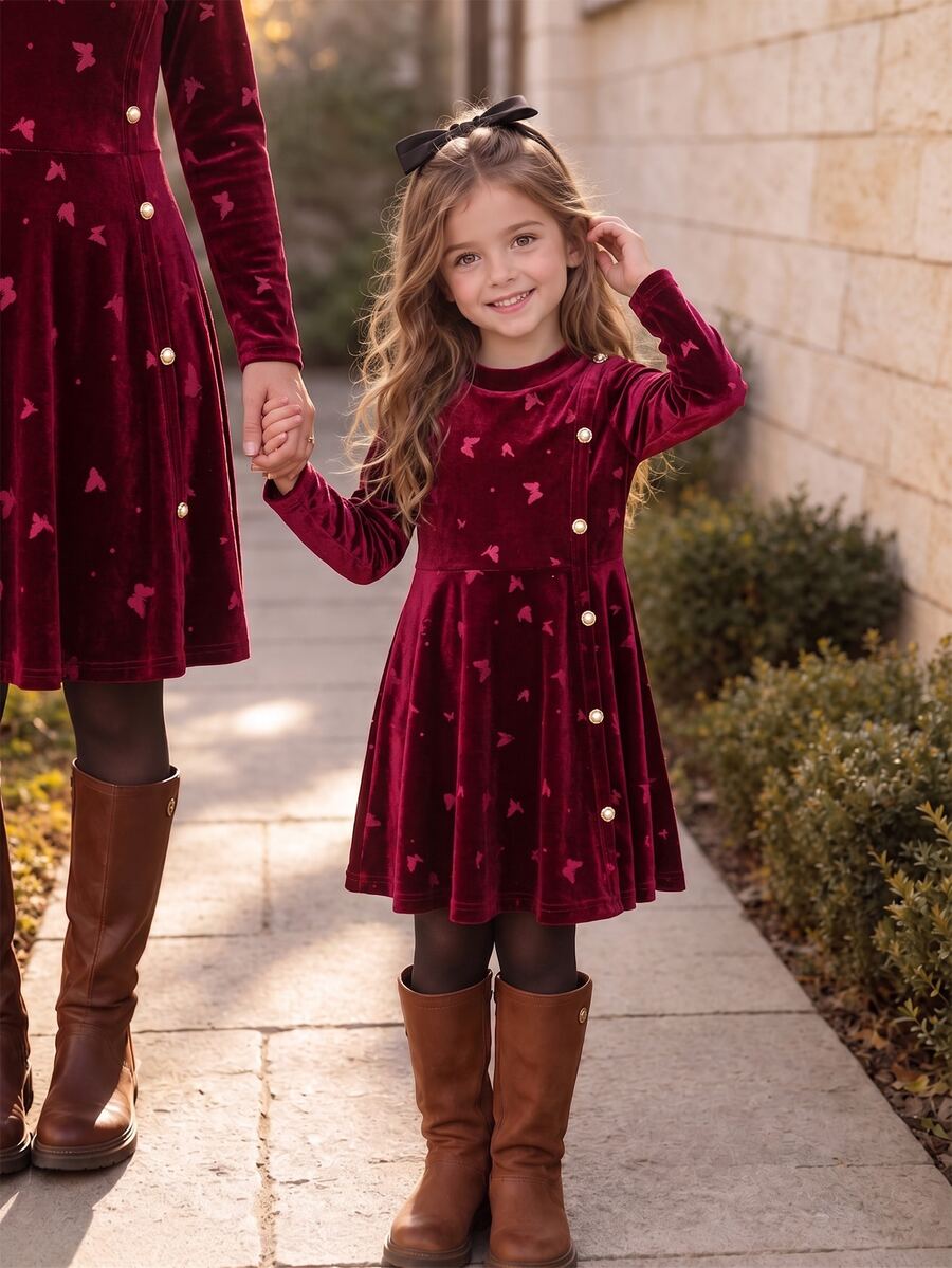 Young Girl Autumn Winter Elegant Burgundy Velvet Butterfly Print Pearl Button Flare Dress,Christmas Party Dress,Robe Automne Hiver - Burgundy - View 1