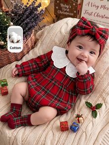 SHEIN Baby Girl Red Plaid Cute Peter Pan Collar Romper,Christmas,New Fall Styles, Christmas - Multicolor - View 6