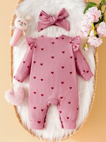 SHEIN Playful Pals 女嬰羅紋愛心印花荷葉袖連身衣附髮帶 - 藕粉色 - 查看 2