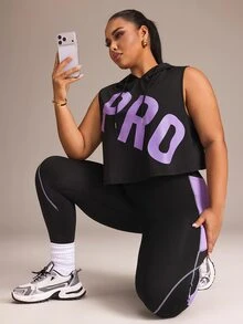 SHEIN Rhythm Era Women's Sports Yoga Outdoor Gym Workout Set Drawstring Hooded Sleeveless Loose Sweatshirt With Curved Chest Colorblock Design And Tight Leggings With Line And Colorblock Contrast - Multicolor - View 2