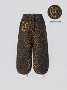 Young Girl Leopard Print Drawstring Waist Wide Leg Jeans - Brown - View 2