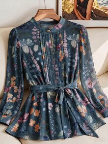 SHEIN Clasi 女款半透明前開鈕扣長袖襯衫 - 霧霾藍 - 查看 4