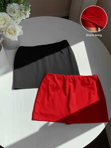 SHEIN EZwear 2件組女款純色休閒百搭裙褲 - 彩色 - 查看 3