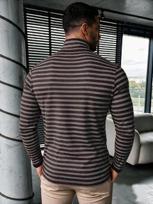 TONEVAULT Men's Casual Striped Slim Fit Long Sleeve Turtleneck T-Shirt - Coffee Brown - View 2