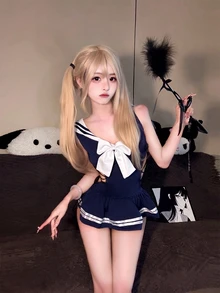 Dansine Sailor Collar Big Bow Side Tie Ruffle Romper Sexy Uniform - Royal Blue - View 7